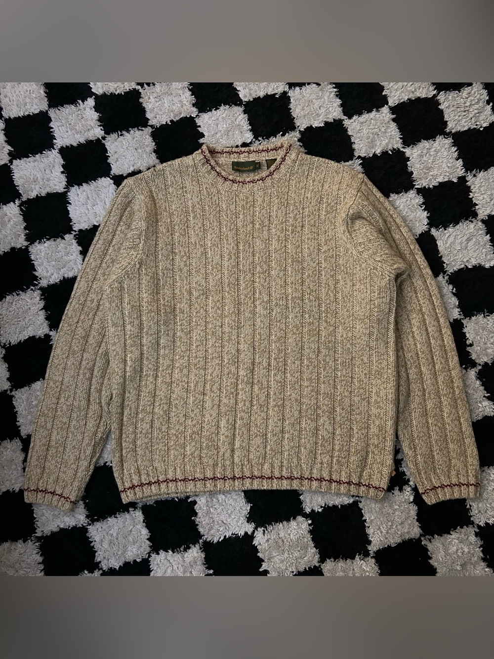 Vintage Timberland Mens XL Tan Crewneck Lambs Wool Pullover Heavy Knit Sweater